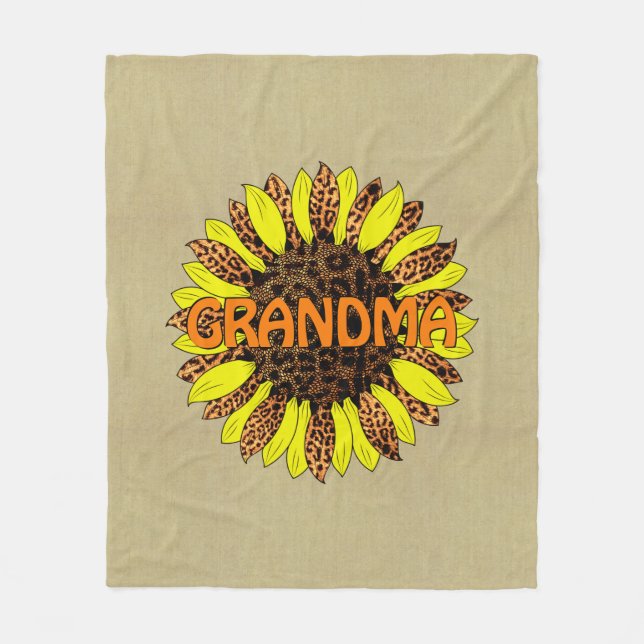 Add Grandma Name or Text, Leopard Print Sunflower Fleece Blanket (Front)