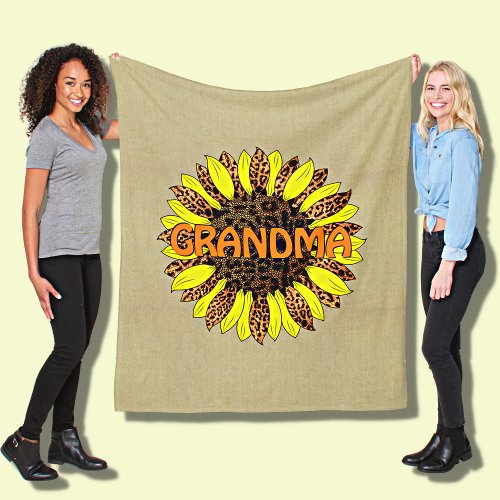 Add Grandma Name or Text Leopard Print Sunflower Fleece Blanket