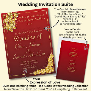 Add Guest Name Gold Rose Flower Maroon Red Wedding Invitation