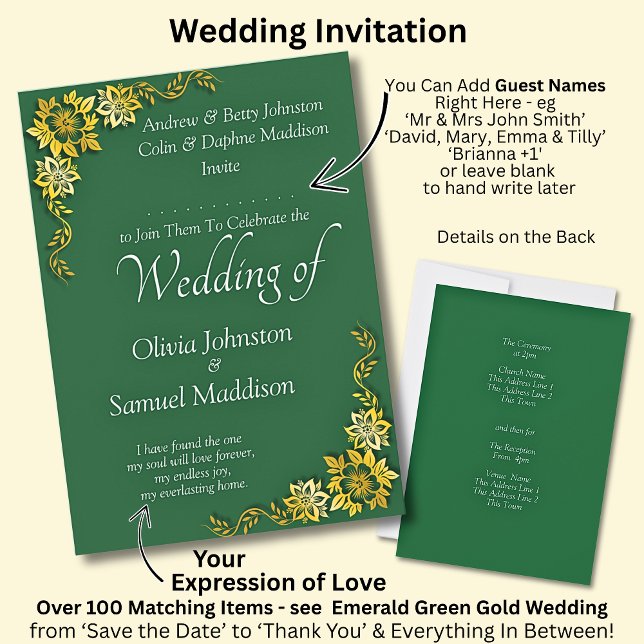 Add Guest Name Purple Emerald Green & Gold Wedding Invitation (Creator Uploaded)