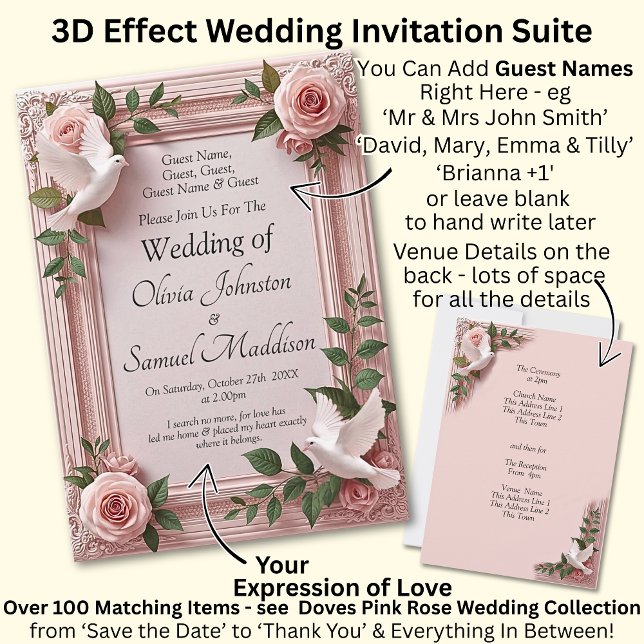 Add Guest Names, Doves and Pink Roses Invitation (Creator Uploaded)
