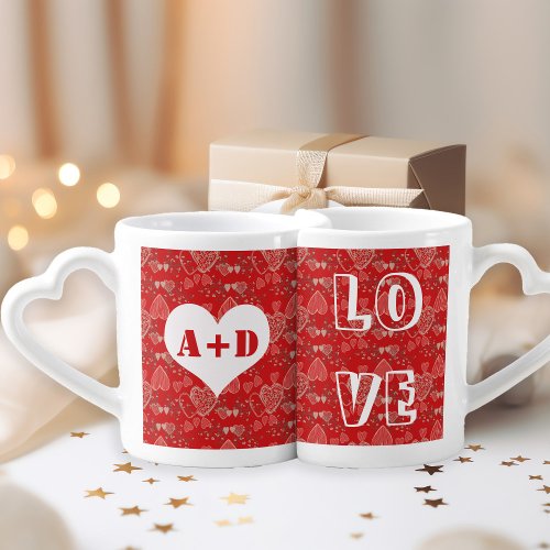 Add his and hers initials Valentines Day hearts Coffee Mug Set