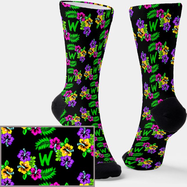 Add Initial,  Hibiscus Tropical Flowers on Black  Socks (Creator Uploaded)