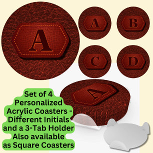 Add Initial Letter Monogram Red Brown Leather Look Coaster Set
