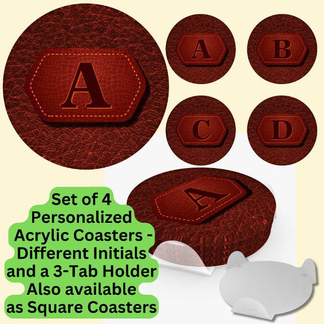 Add Initial Letter Monogram Red Brown Leather Look Coaster Set (Creator Uploaded)