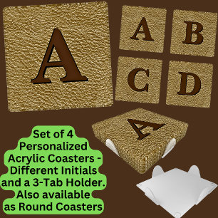 Add Initial Letter Monogram Tan Brown Leather Look Coaster Set