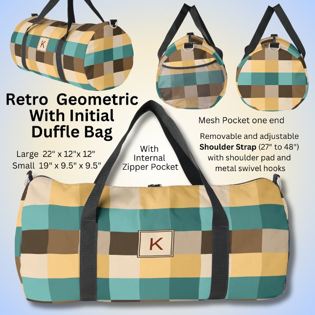 Add Initial, Retro Abstract Squares Green Brown  Duffle Bag (Creator Uploaded)