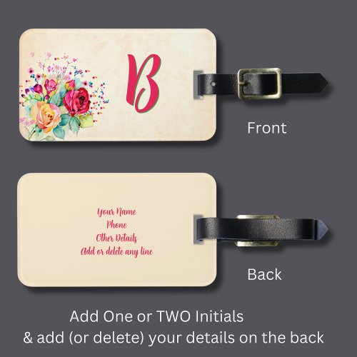 Add Initial Soft Pastel Floral Pink Yellow Roses Luggage Tag