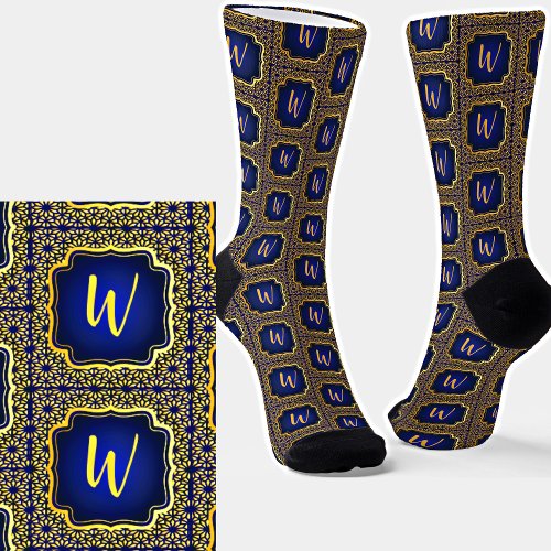 Add Initial to Gold on Dark Blue Abstract Frame Socks