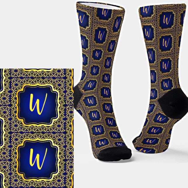 Add Initial to Gold on Dark Blue Abstract Frame Socks (Creator Uploaded)