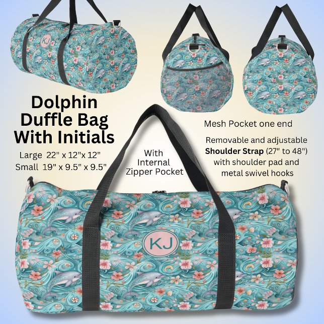 Add Initials, Aqua Blue Dolphins & Flowers Duffle Bag (Creator Uploaded)