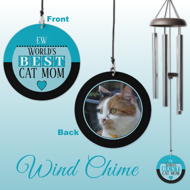 Add initials best cat mom photo blue wind chime  (Creator Uploaded)