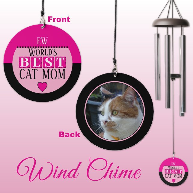 Add initials best cat mom photo pink wind chime  (Creator Uploaded)