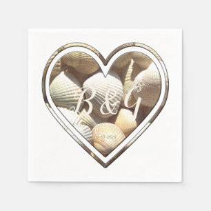 Add Initials & Date Seashells Heart, Beach Wedding Napkins