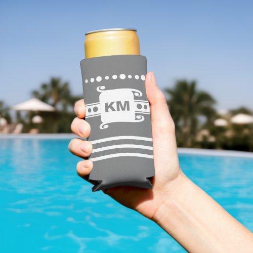 Add initials dots stripes relax grey and white seltzer can cooler