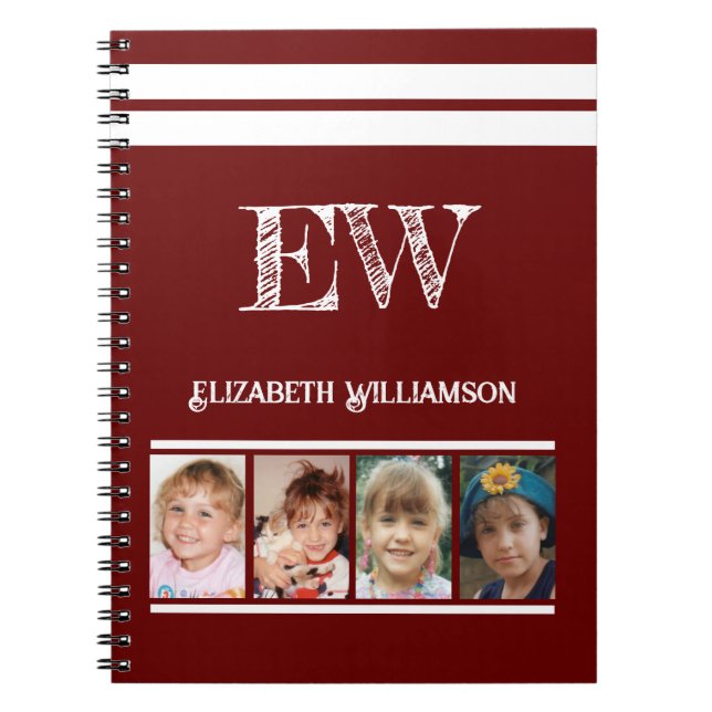 Add initials name 4 photos burgundy white notebook (Front)