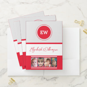 Add initials name 4 photos grey red pocket folder