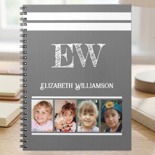 Add initials name 4 photos grey white notebook