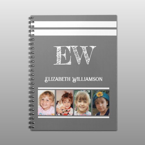 Add initials name 4 photos grey white notebook