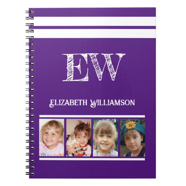 Add initials name 4 photos purple white notebook (Front)