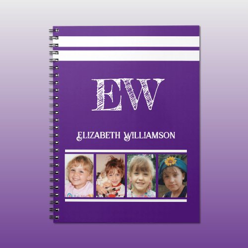 Add initials name 4 photos purple white notebook