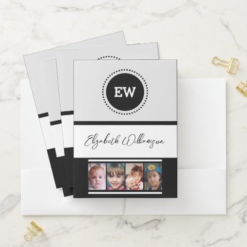 Add initials name 4 photos white black pocket folder