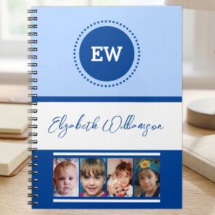 Add initials name 4 photos white blue notebook