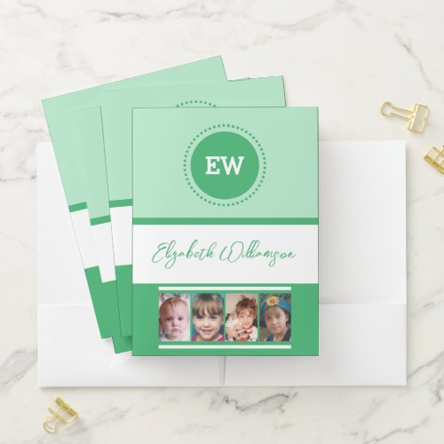 Add initials name 4 photos white green pocket folder