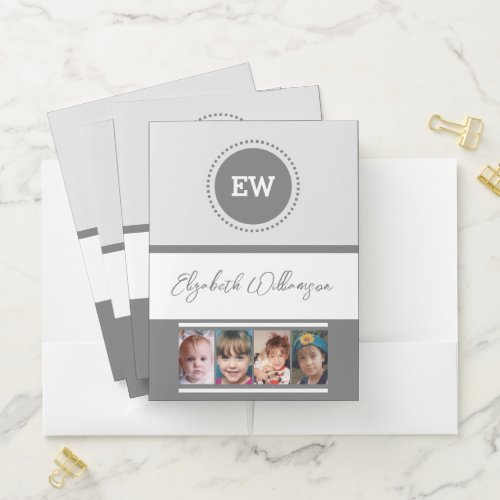 Add initials name 4 photos white grey pocket folder