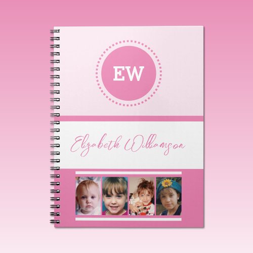 Add initials name 4 photos white pink notebook