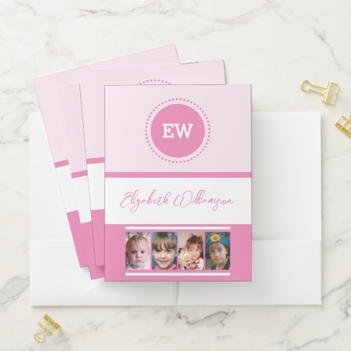 Add initials name 4 photos white pink pocket folder