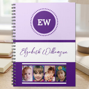 Add initials name 4 photos white purple notebook