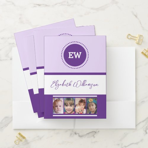 Add initials name 4 photos white purple pocket folder