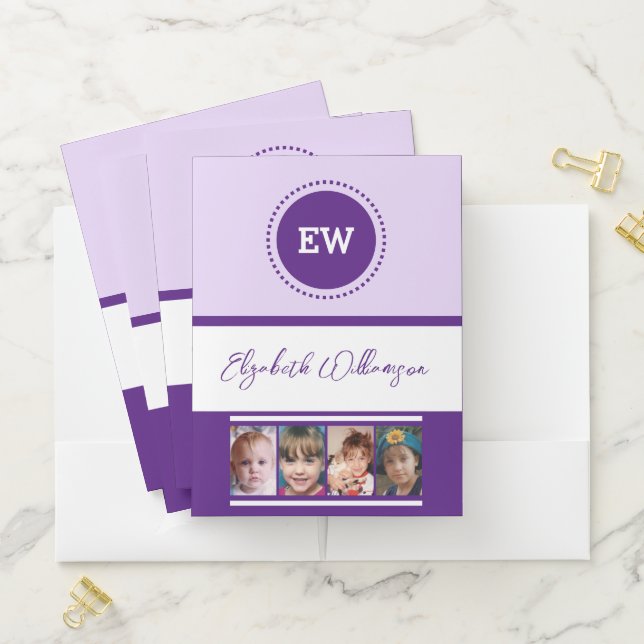 Add initials name 4 photos white purple pocket folder (In Situ)