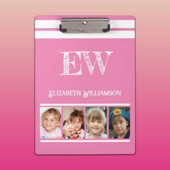Add Initials Name 8 Photos Pink White Clipboard by LynnroseDesigns at Zazzle