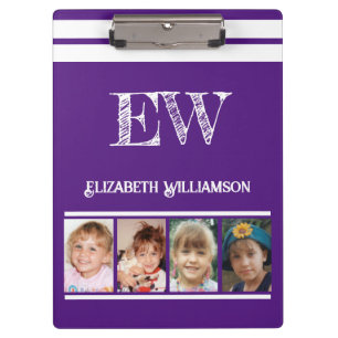 Add initials name 8 photos purple white clipboard