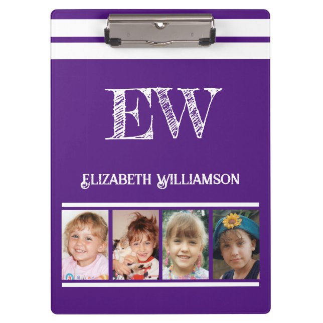 Add initials name 8 photos purple white clipboard (Front)