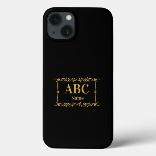 Add Initials  Name Golden Monogram Frame on Black iPhone 13 Case