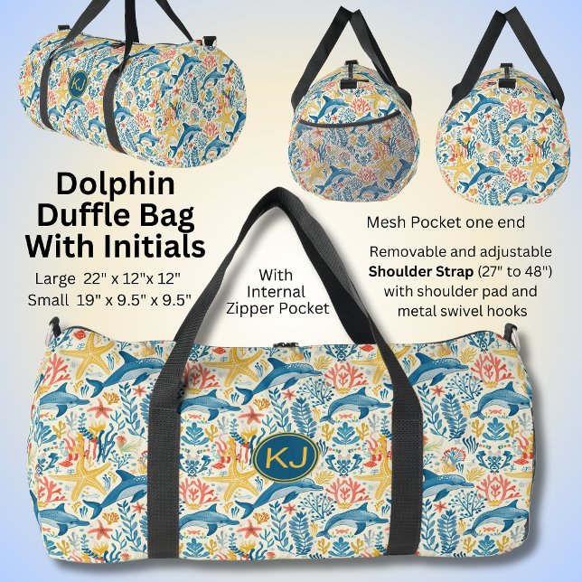 Add Initials, Swimming Blue Dolphins & Starfish Duffle Bag (Creator Uploaded)