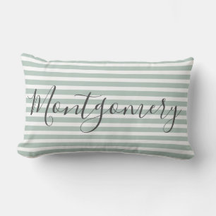 Add Last Name Stylish Trendy Green& White Stripe Lumbar Pillow