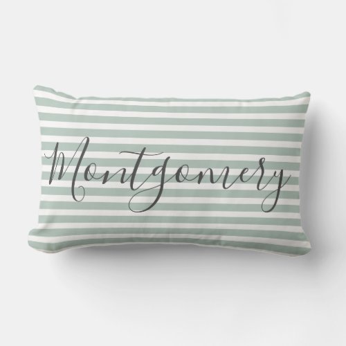 Add Last Name Stylish Trendy Green White Stripe Lumbar Pillow