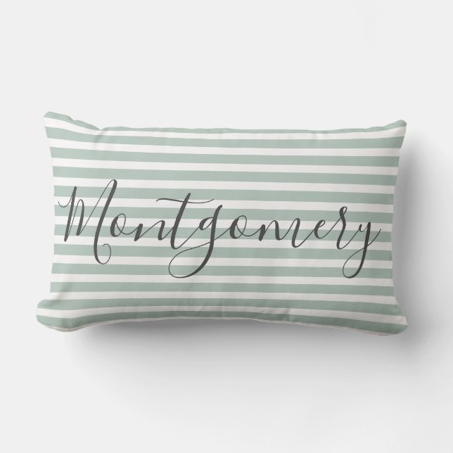 Add Last Name Stylish Trendy Green& White Stripe Lumbar Pillow (Front)