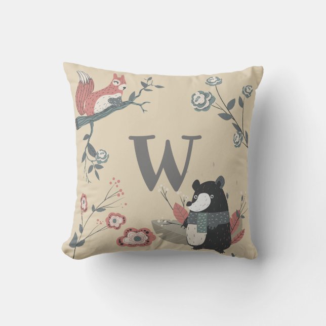 ADD LETTER -  Nordic Woodland Animals Folkart Kids Throw Pillow (Front)