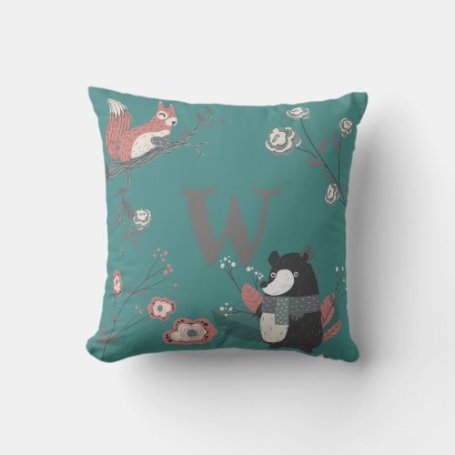 ADD LETTER _  Nordic Woodland Animals Folkart Teal Throw Pillow