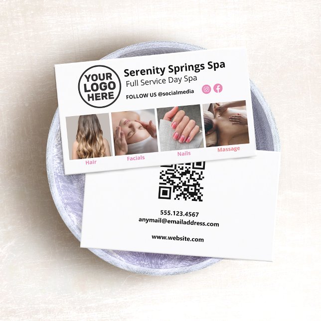 Add Logo 4 Photo Social Media QR Code Business Card (4 photo grid  business card with logo  and instagram social media networking icon and QR Code)