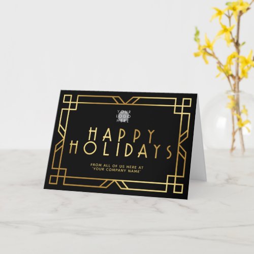 Add Logo Art Deco Gold Business Happy Holidays Card