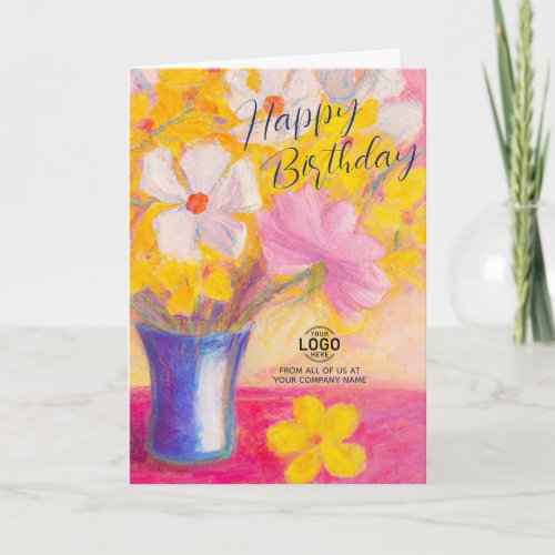 Add Logo Art Pink Yellow Flowers Business Birthday Card