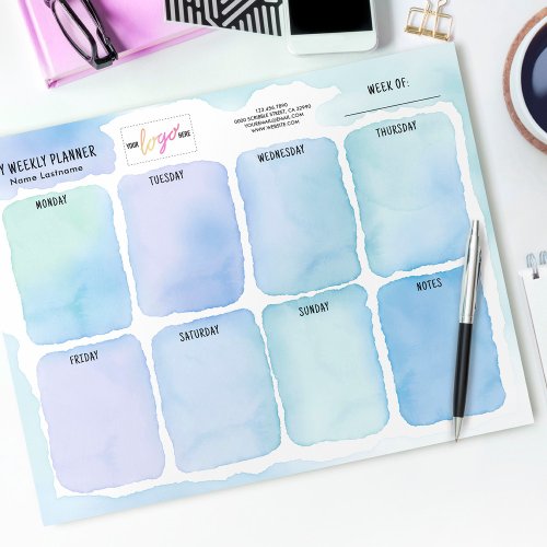 Add Logo Artistic Blue Watercolor Weekly Planner Notepad