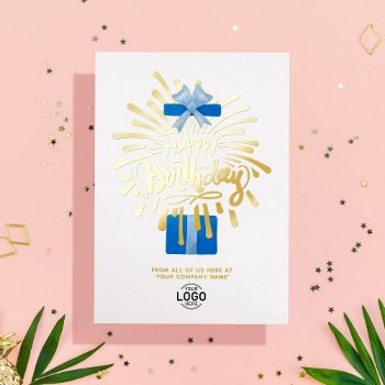 Add Logo Blue Gift Box Fireworks Business Birthday Foil Invitation by pinkpinetree at Zazzle
