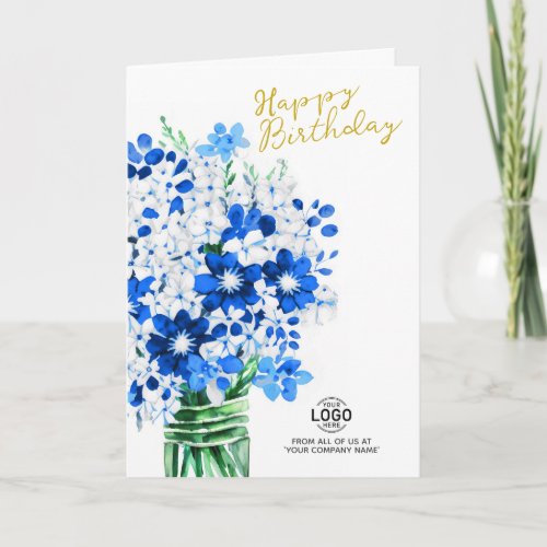 Add Logo Blue White Flowers Business Birthday Card